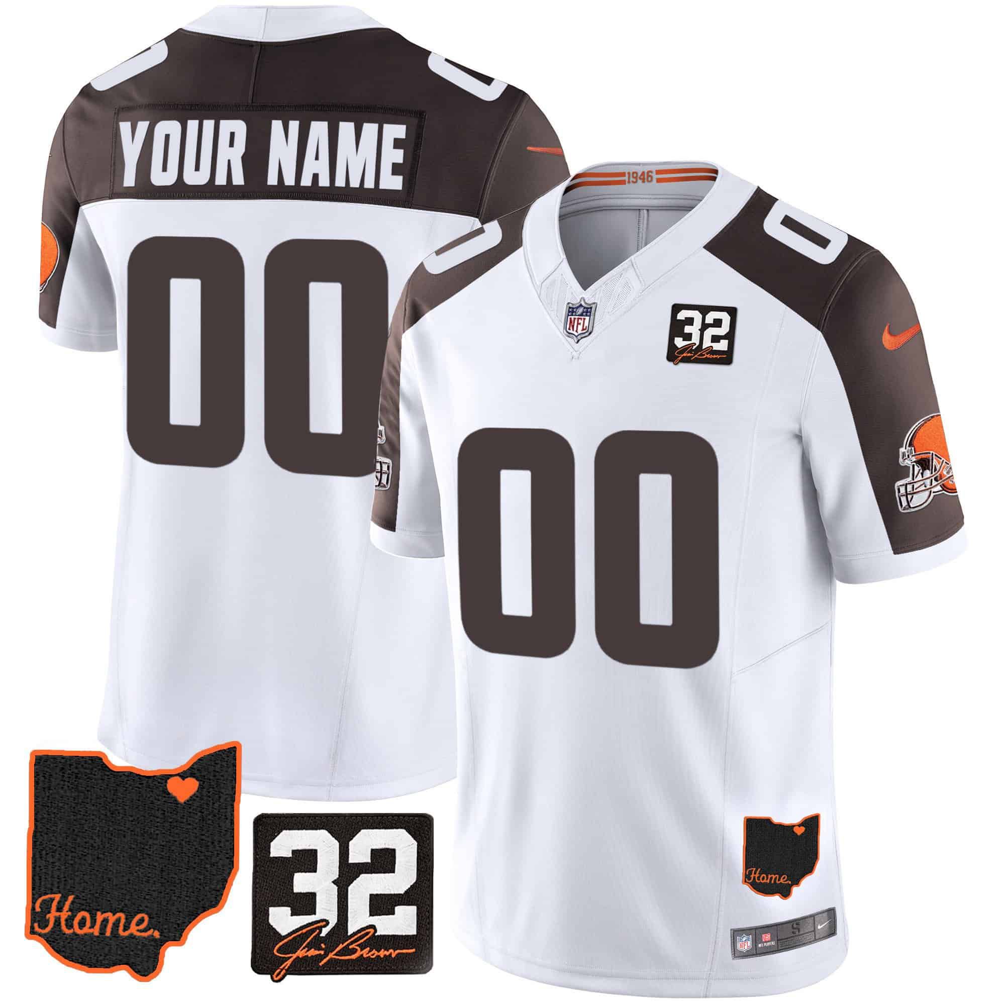 Men Cleveland Browns White #32 Jim Brown Memorial Home Patch Custom 2024 Nike NFL Jersey style 1->customized nfl jersey->Custom Jersey